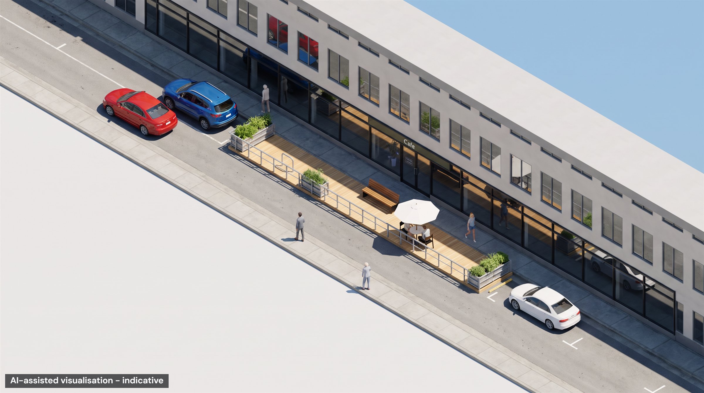 Aerial view: the parklet along the curb in front of a row of shops