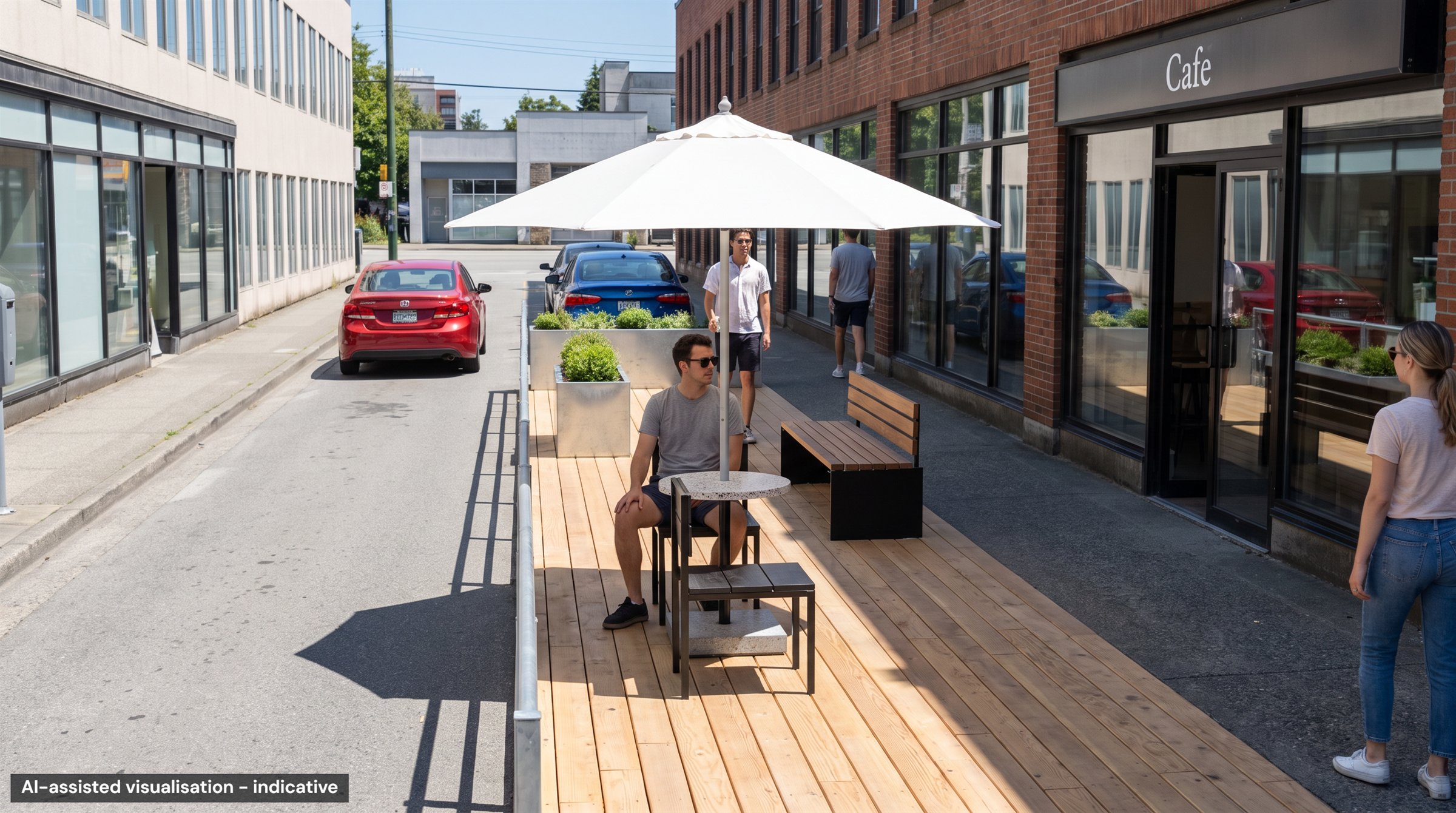 From the corner: people at a table under an umbrella on the deck