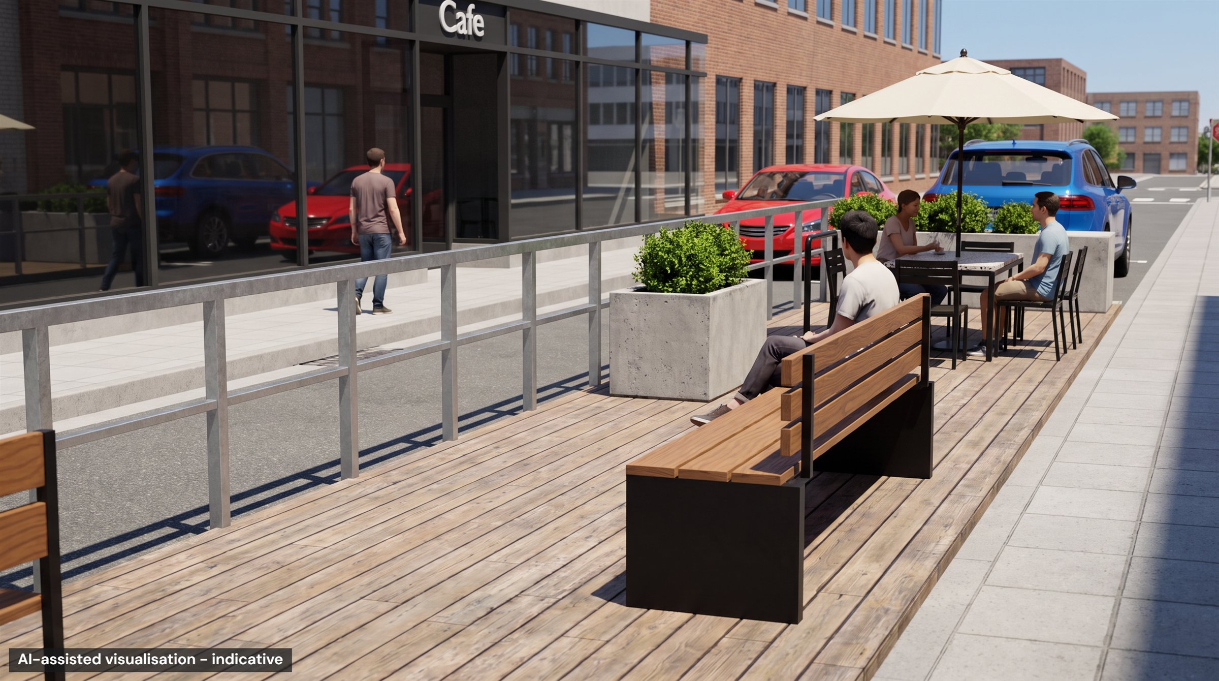 A parklet in front of a café: a timber deck with a bench, a table with chairs, planters and an umbrella, behind a steel railing at the curb
