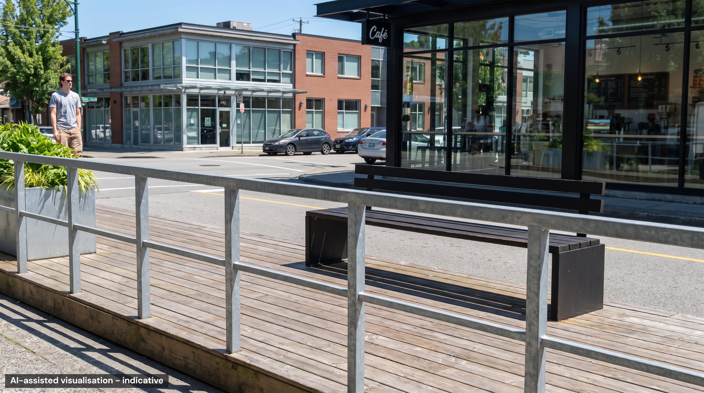 From the street: a bench behind the railing, the café beyond