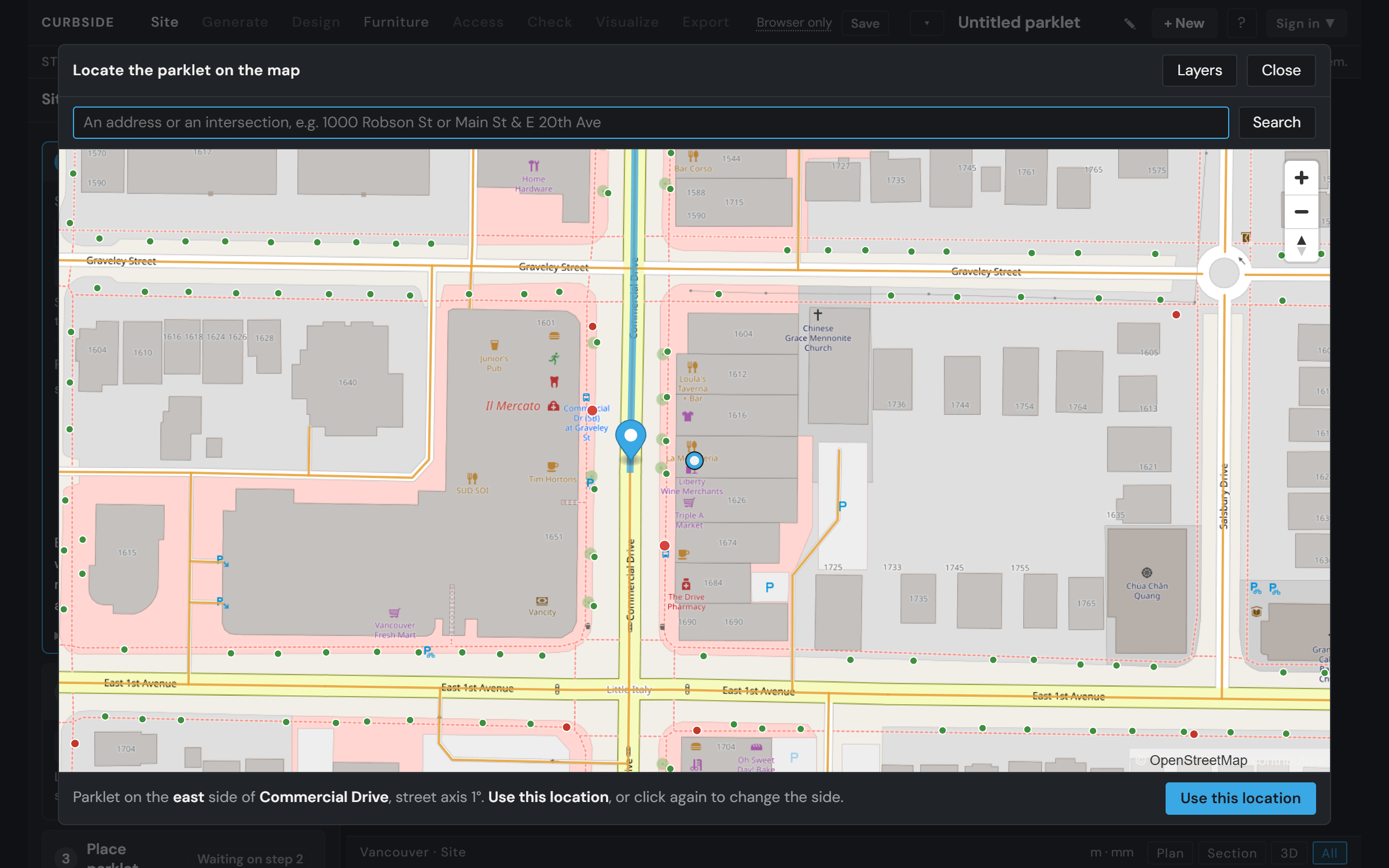The map in Curbside: the parklet's street and side chosen on Commercial Drive