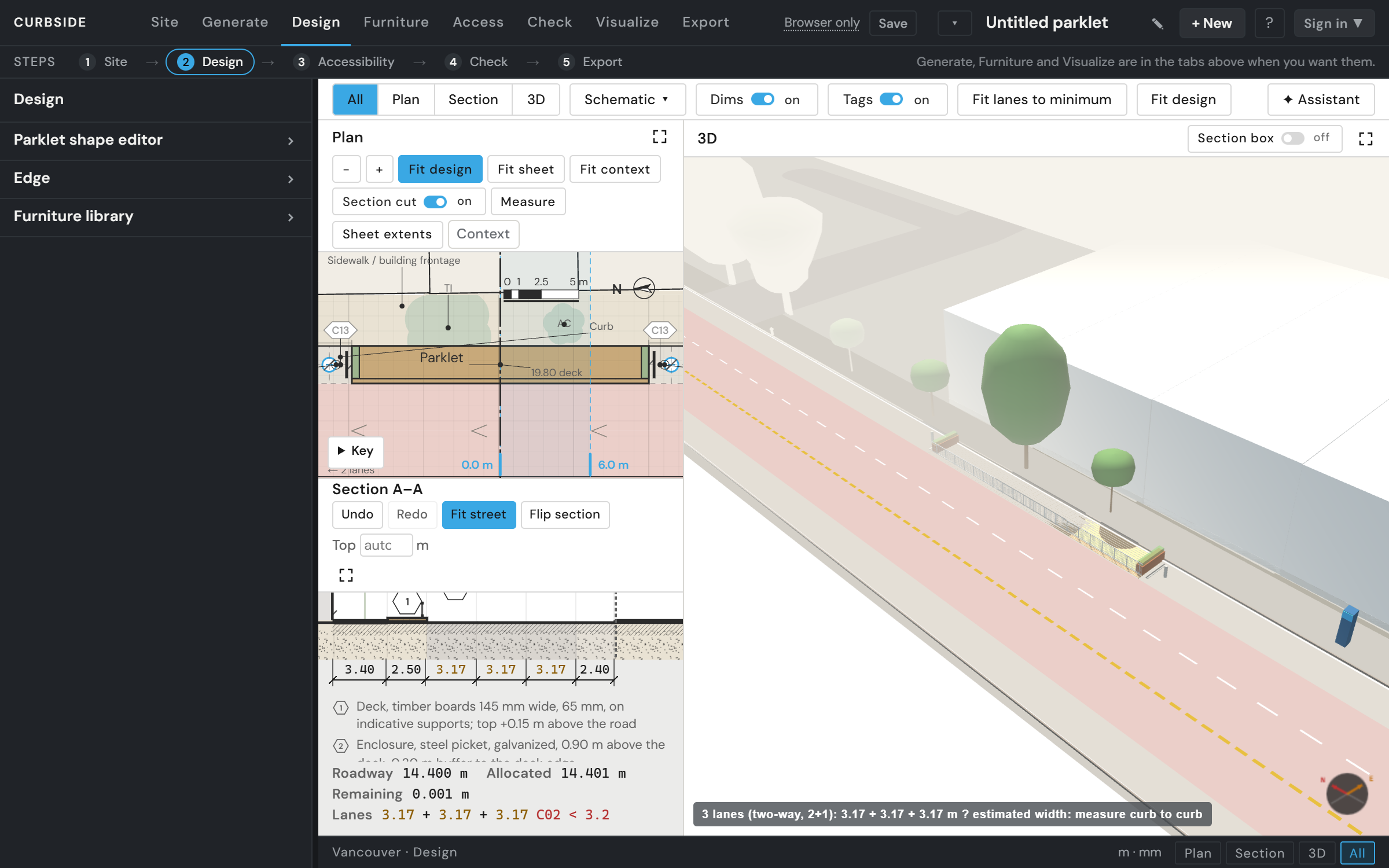 The Design tab: the deck in plan, section and 3D