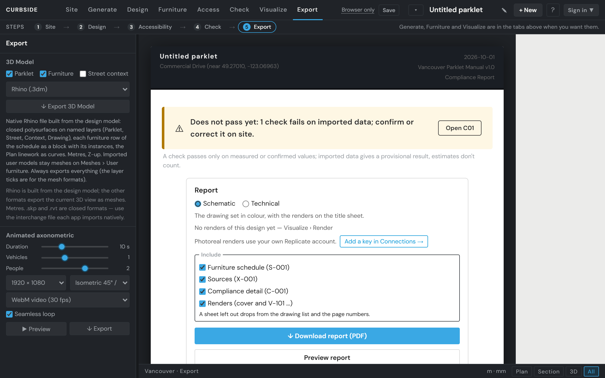 The Export tab: the report options and Download report