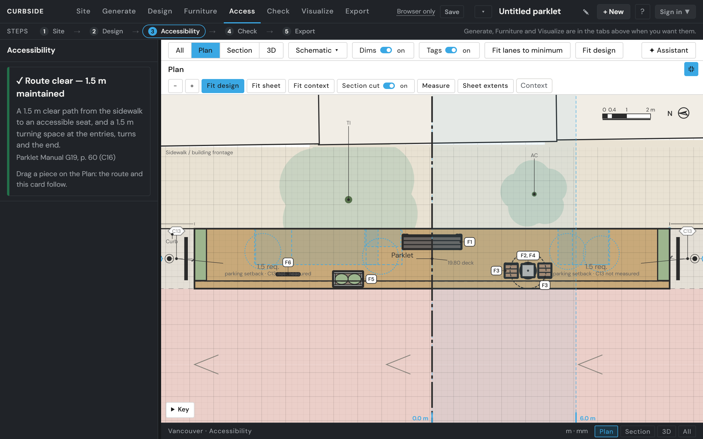 The Accessibility tab: the route from the sidewalk to a seat over the deck plan, and its verdict